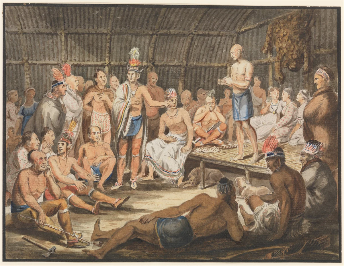 Exhibition of Indian Tribal Ceremonies at the Olympic Theater, Philadelphia by John Lewis Krimmel, artwork, 1811-1816