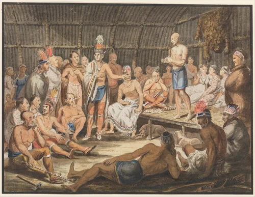 Exhibition of Indian Tribal Ceremonies at the Olympic Theater, Philadelphia by John Lewis Krimmel, artwork, 1811-1816