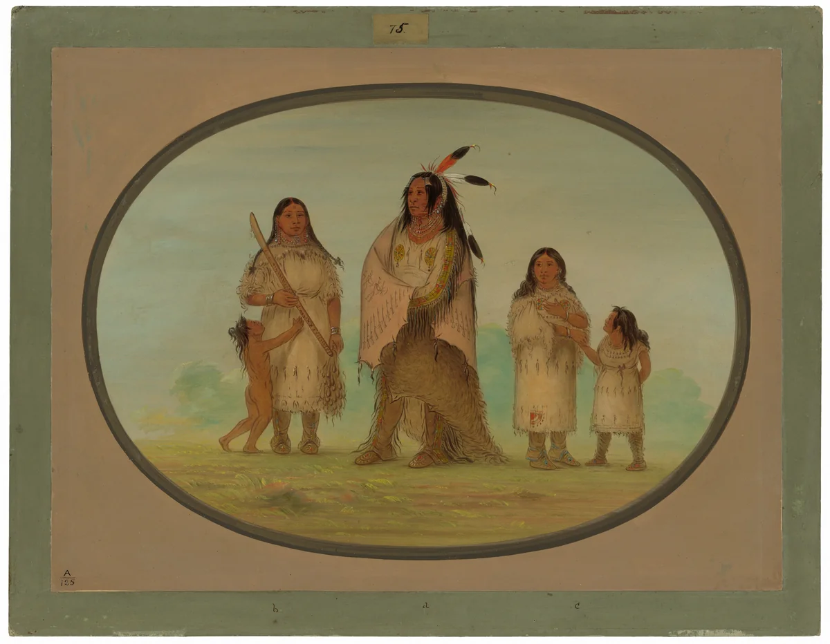 Assinneboine Warrior and His Family by George Catlin, painting, 1861-1869