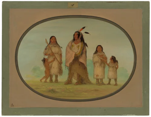 Assinneboine Warrior and His Family by George Catlin, painting, 1861-1869