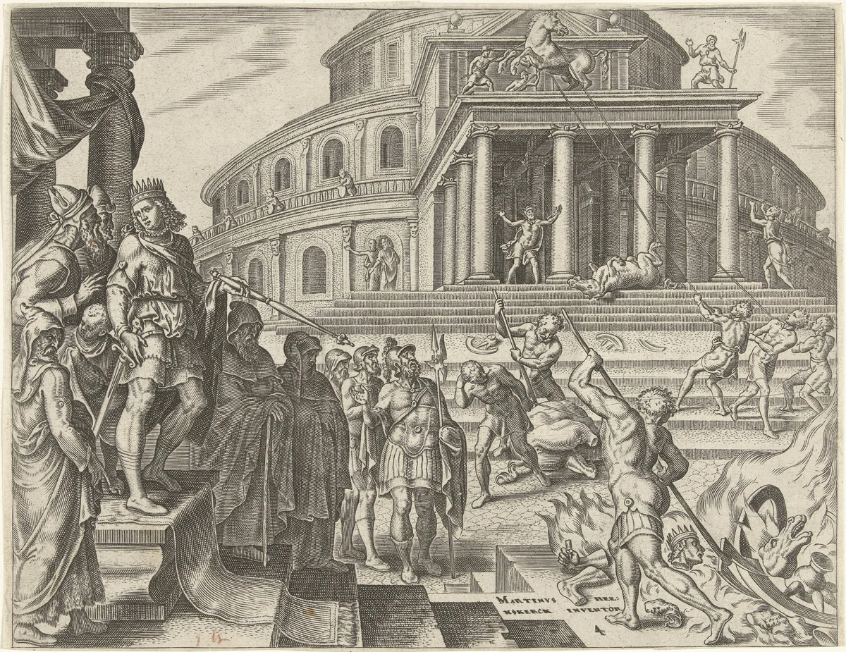 Koning Josia laat de paarden en wagens ter ere van de zon verwijderen by Philips Galle, print, 1569