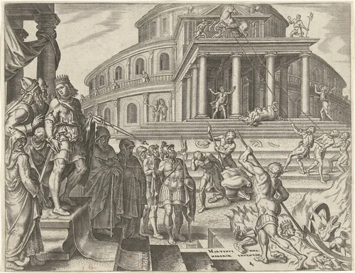 Koning Josia laat de paarden en wagens ter ere van de zon verwijderen by Philips Galle, print, 1569