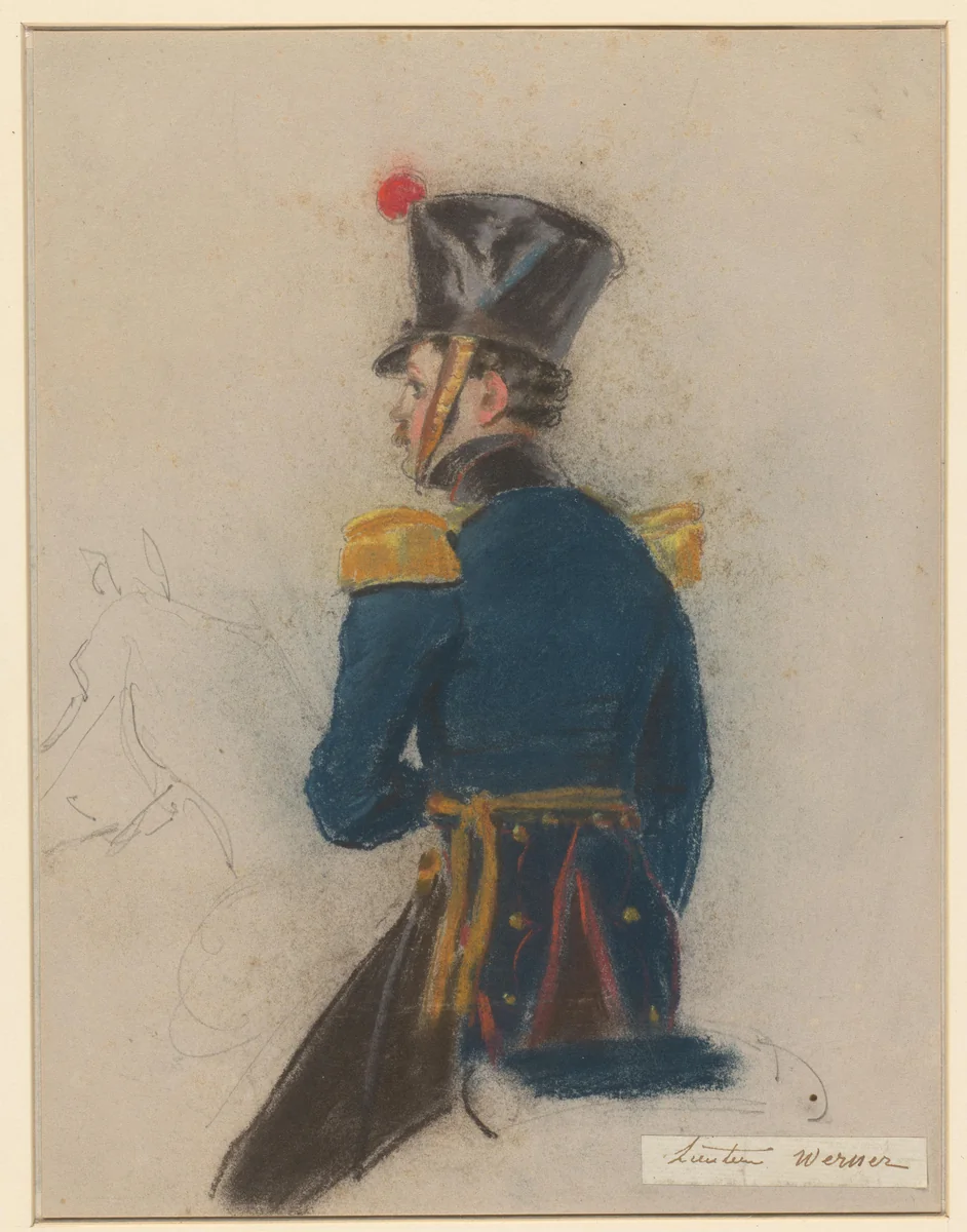 Portret van luitenant Werner, te paard by Jacob Joseph Eeckhout, drawing, 1803-1861