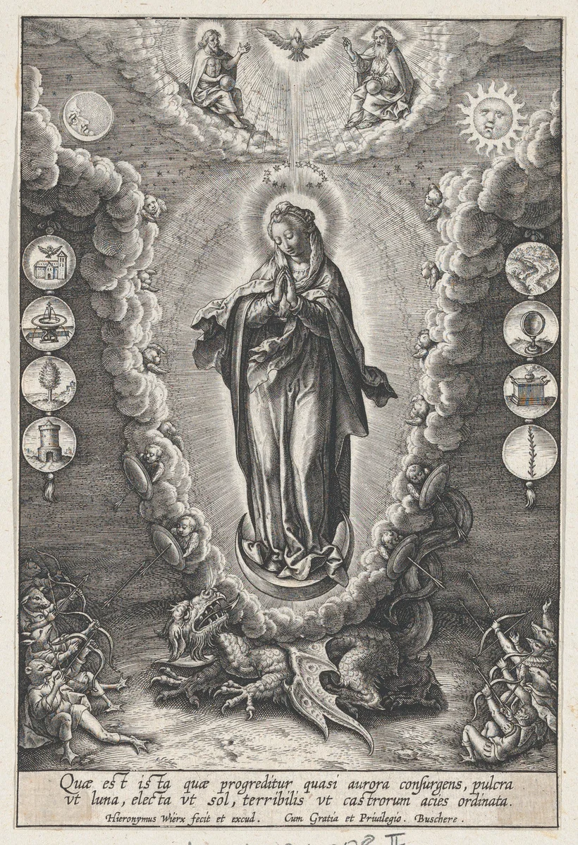 The Virgin with the Symbols of the Lauretanian Litany by Hieronymus Wierix, print, 1573-1619