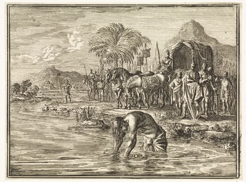 Naäman wordt genezen van lepra by Jan Luyken, print, 1712