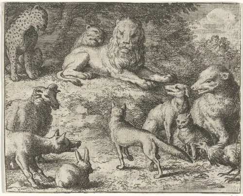 Reinaert de vos verschijnt voor het gerecht by Allaert van Everdingen, print, 1665-1675