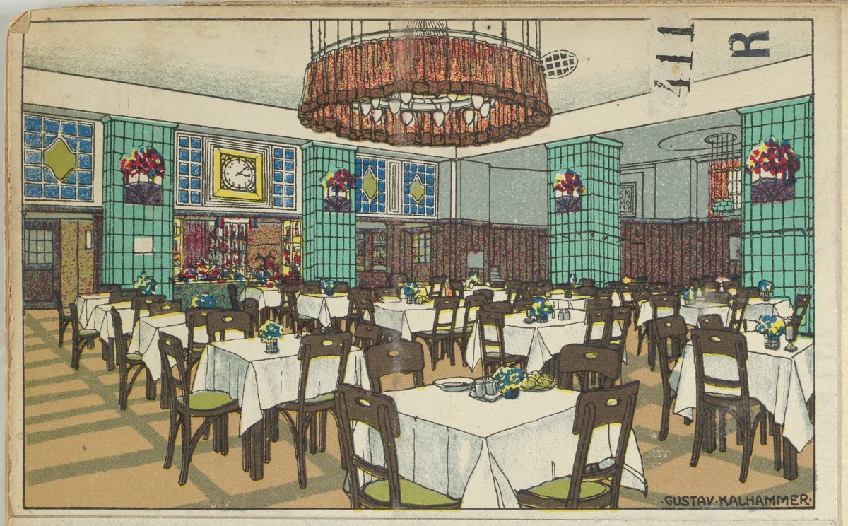 National Railway Station Restaurant, Vienna X, Josef Pohl (Restaurant Staatsbahnhof, Wien X, Josef Pohl) by Gustav Kalhammer, print, 1911