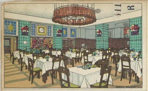 National Railway Station Restaurant, Vienna X, Josef Pohl (Restaurant Staatsbahnhof, Wien X, Josef Pohl) by Gustav Kalhammer, print, 1911