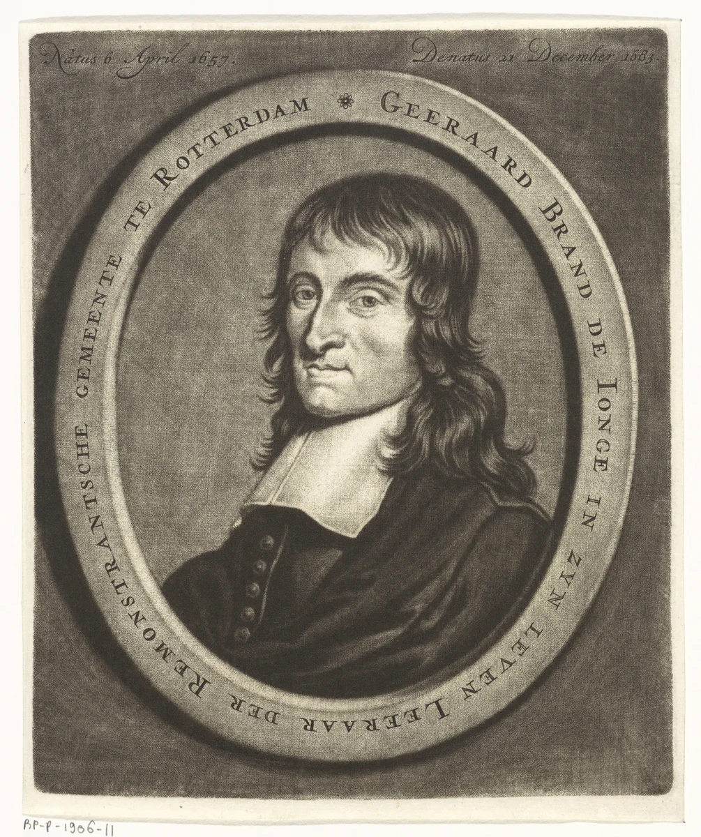 Portret van de remonstrantse predikant Gerard Brand de Jonge by Christoffel Lubienitzki, print, 1683-1724