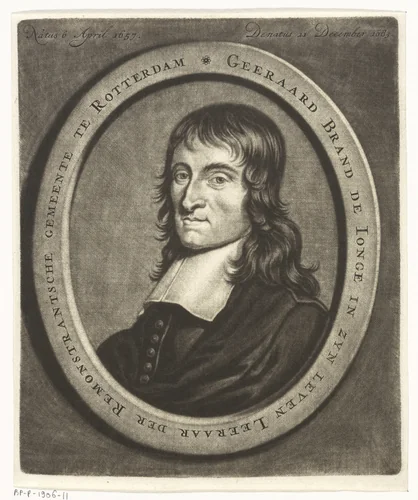 Portret van de remonstrantse predikant Gerard Brand de Jonge by Christoffel Lubienitzki, print, 1683-1724