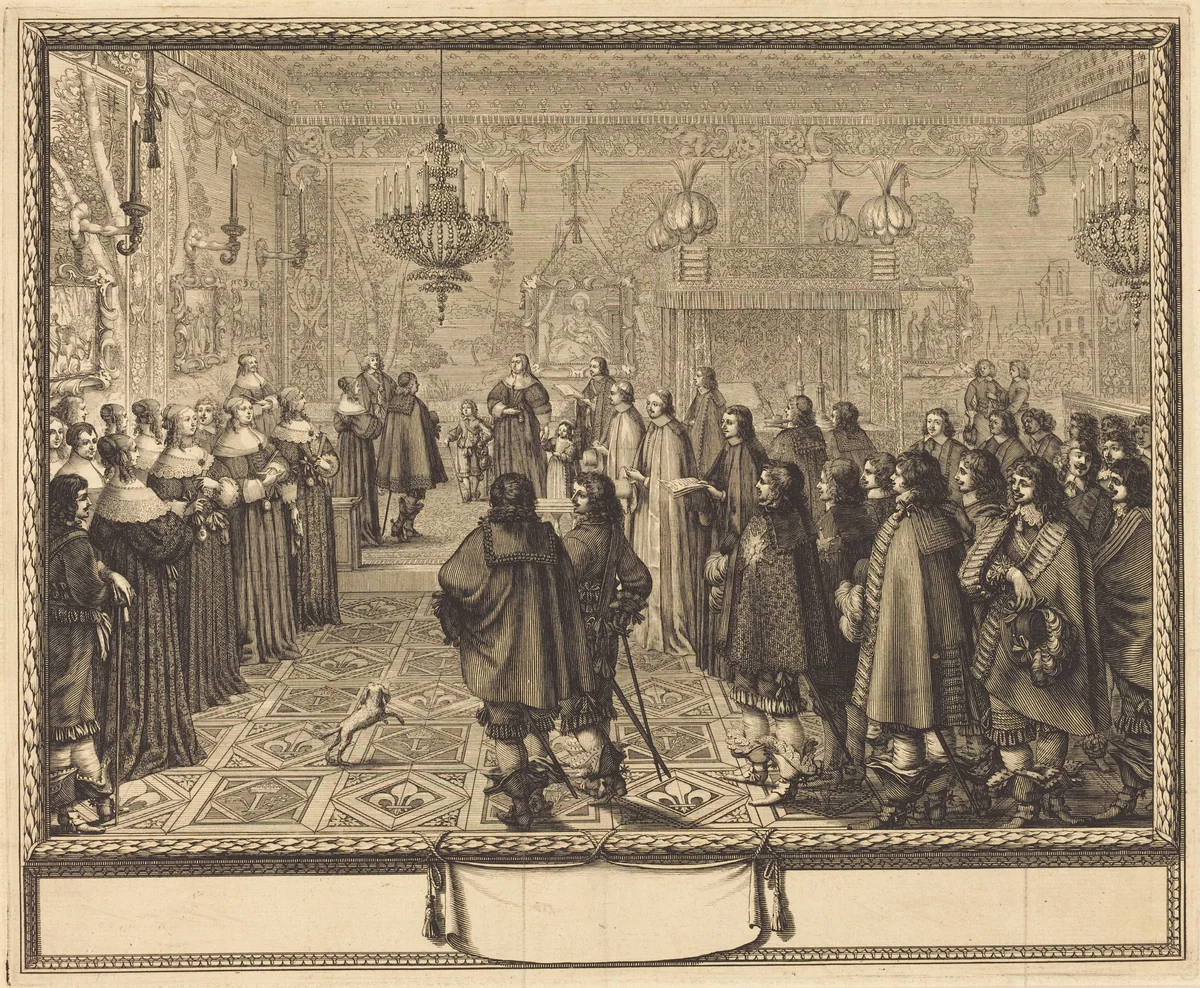 Ceremony of the Contract of Marriage between Vladislas IV, King of Poland, and LouiseMarie of Gonzaga, Princess of Mantua, at Fontainbleau by Abraham Bosse, print, 1645