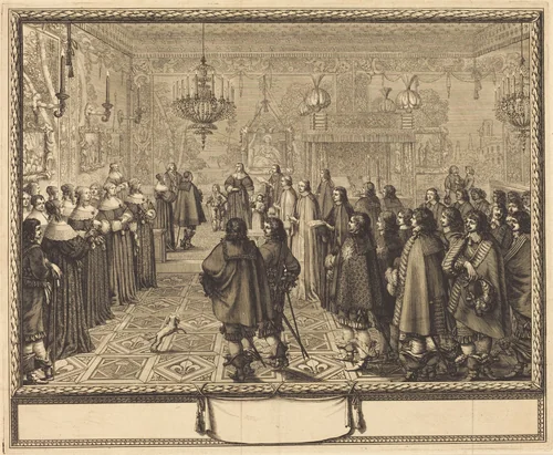 Ceremony of the Contract of Marriage between Vladislas IV, King of Poland, and LouiseMarie of Gonzaga, Princess of Mantua, at Fontainbleau by Abraham Bosse, print, 1645
