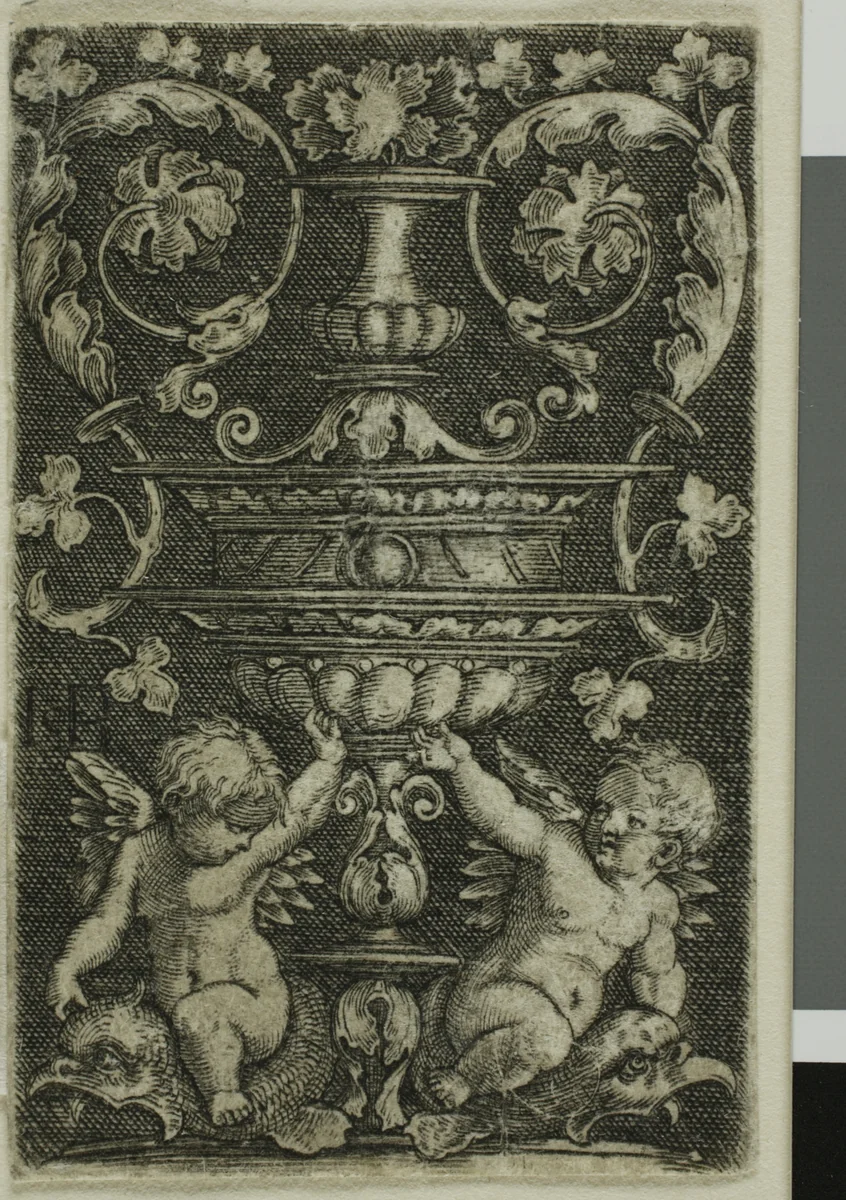 Ornament with Vase and Two Genii at Foot by Jacob Binck, print, 1520-1569