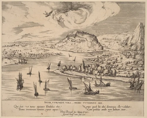 River Landscape with the Fall of Icarus by Simon Novellanus, print, 1590-1600