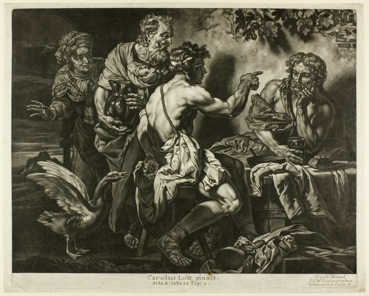 Jupiter and Mercury with Philemon and Baucis by Jacob Männl, print, 1674-1712