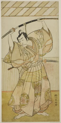 The Actor Ichikawa Danjuro V as Taira no Munekiyo (?) from the Play Kitekaeru Nishiki no Wakayaka (?), Performed at the Nakamura Theater (?) in the Eleventh Month, 1780 (?) by Katsukawa Shunko, print, 1775-1785