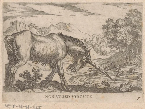 Een eenhoorn verjaagt hagedissen uit een vijver by Antonio Tempesta, print, 1600