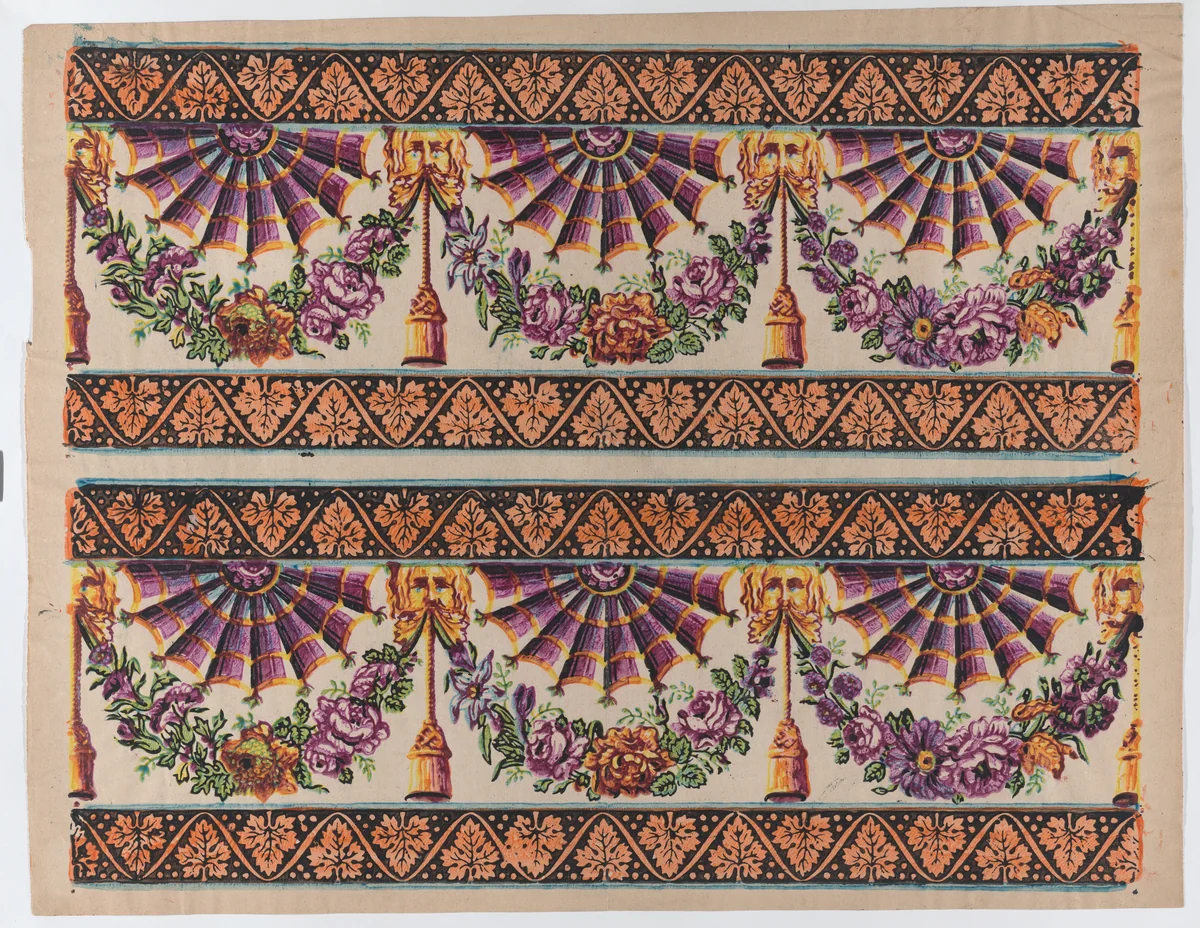 Sheet with two borders with three fans and floral garlands by anonymous, print, 1775-1875