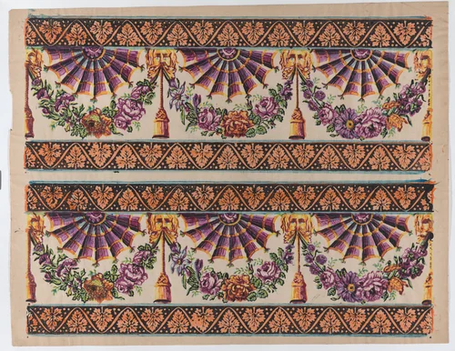 Sheet with two borders with three fans and floral garlands by anonymous, print, 1775-1875
