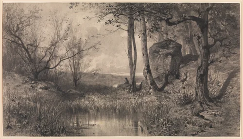 A Pond with a Fisherman along the River Ain by Adolphe Appian, drawing, 1868-1870
