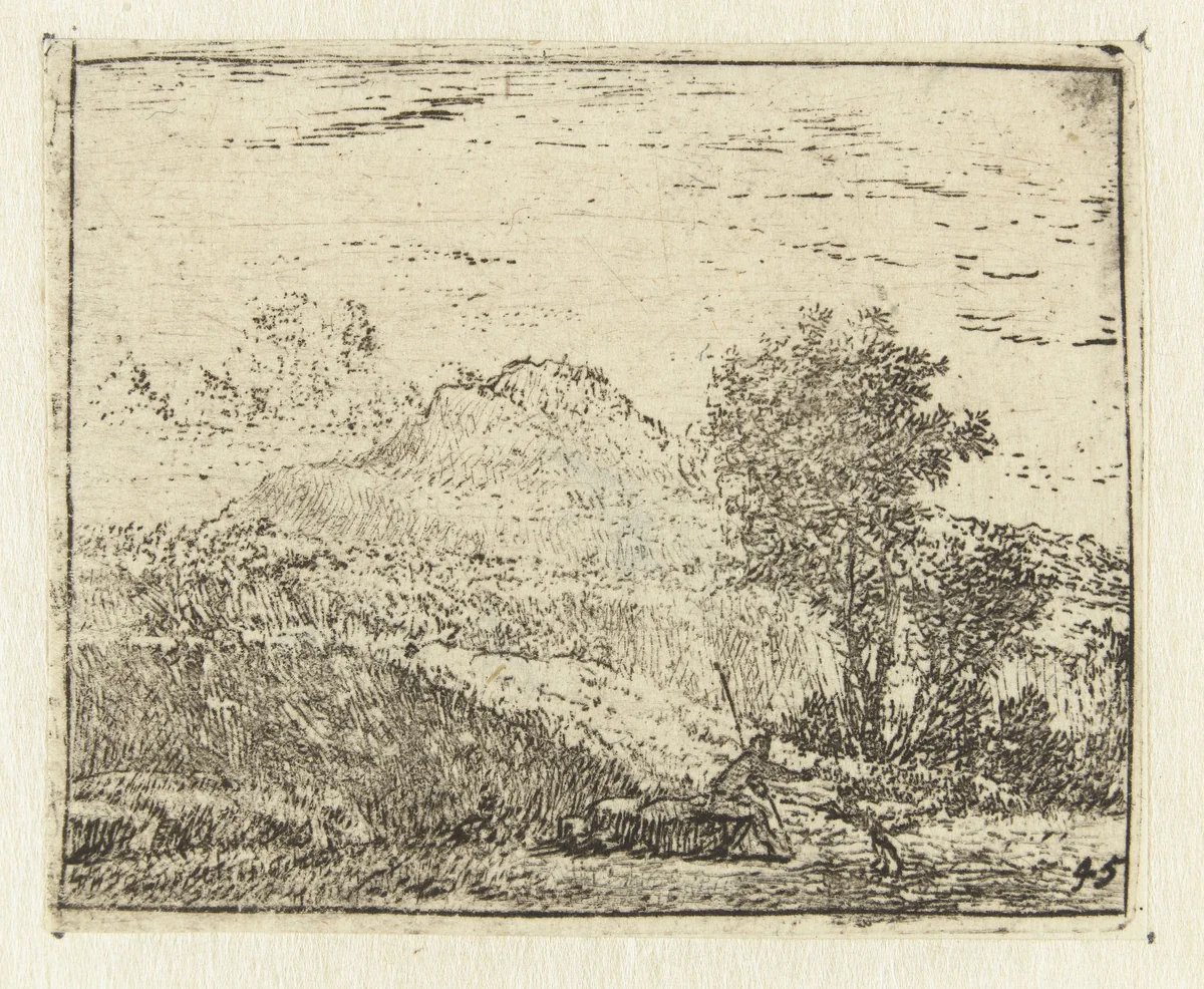 Italianiserend landschap met herder en hond by Karel du Jardin, print, 1652-1659
