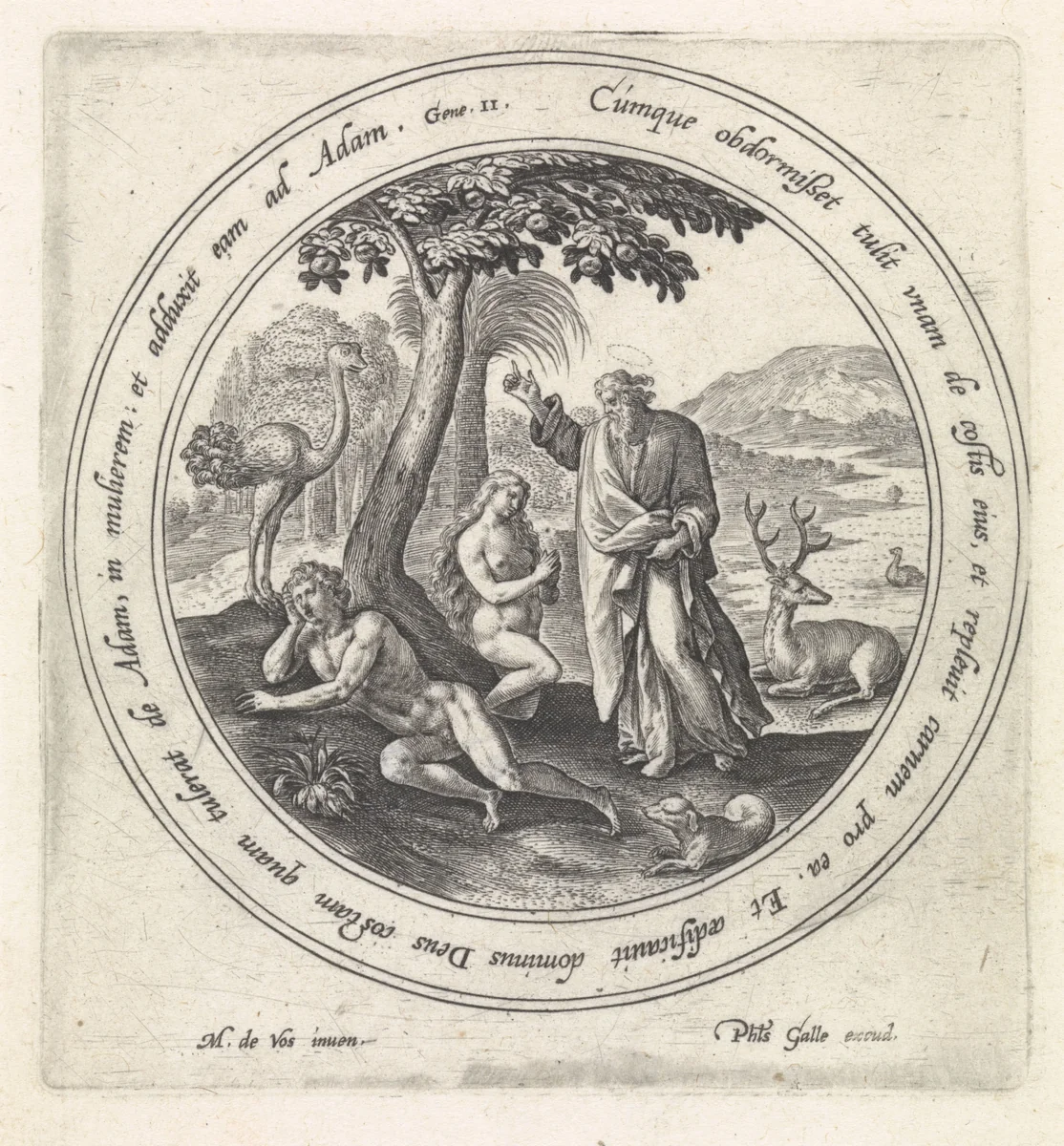 De schepping van Eva by Crispijn van de Passe, print, 1580-1588