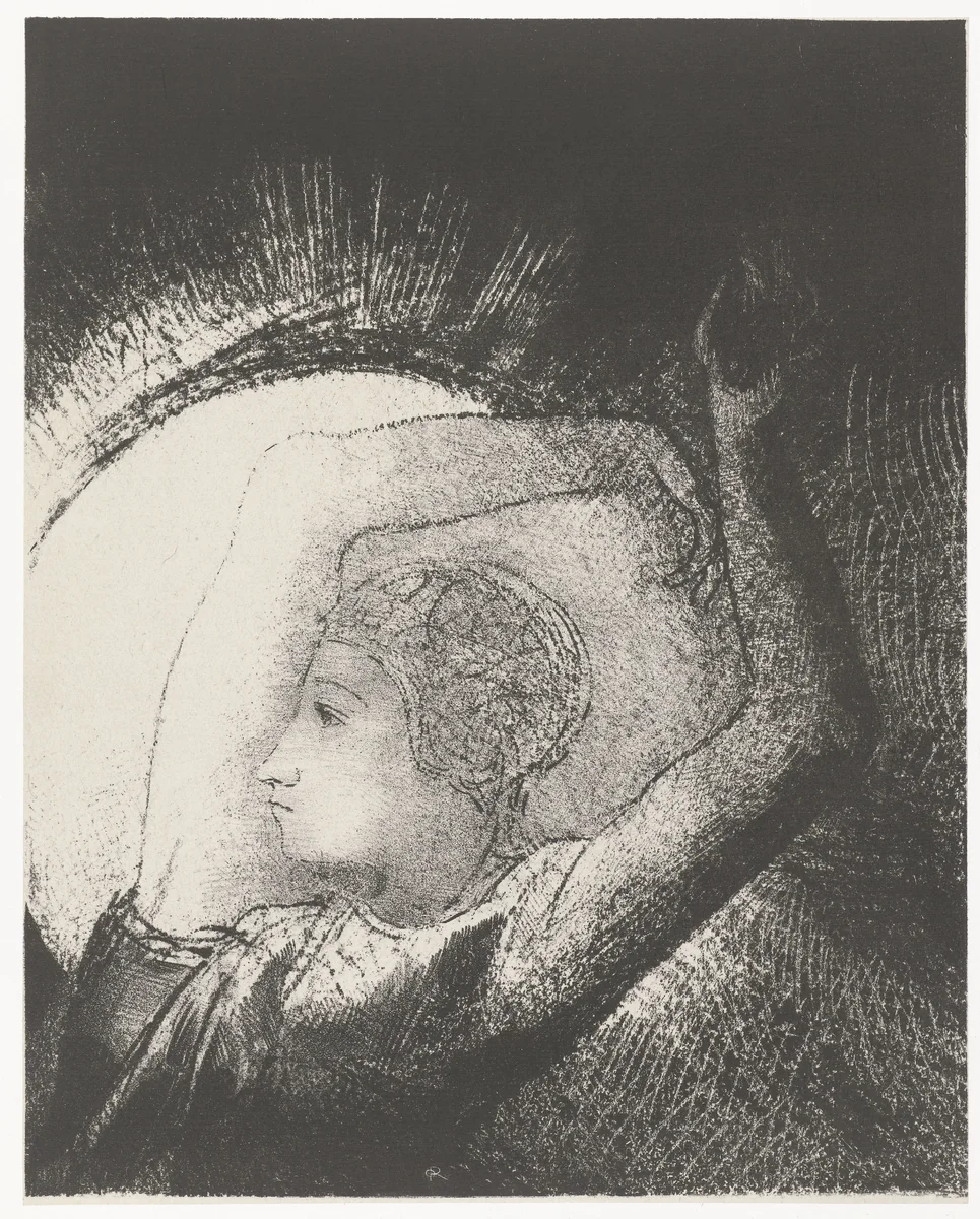Een vrouw bekleed met de zon by Odilon Redon, print, 1899