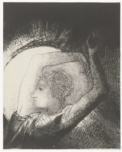 Een vrouw bekleed met de zon by Odilon Redon, print, 1899