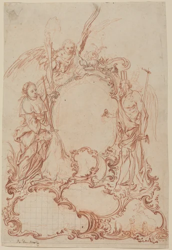 Rococo Cartouche with Allegorical Figures by Johann Daniel Herz, drawing, 1693-1754