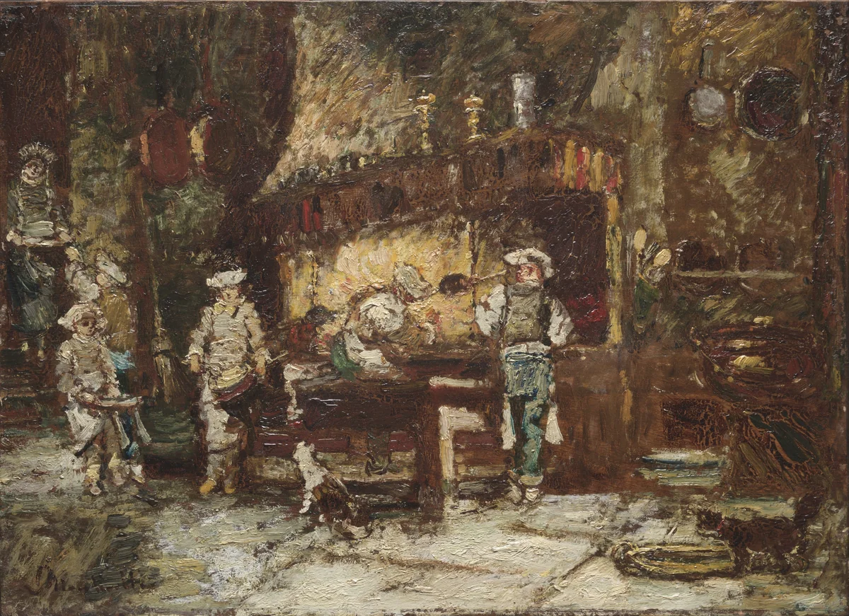 The Kitchen of the Rôtisserie des Deux Paons by Adolphe Monticelli, painting, 1875-1881