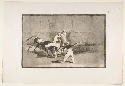 Plate 8 from "La Tauromaquia": A Moor caught by the bull in the ring by Goya, print, 1816