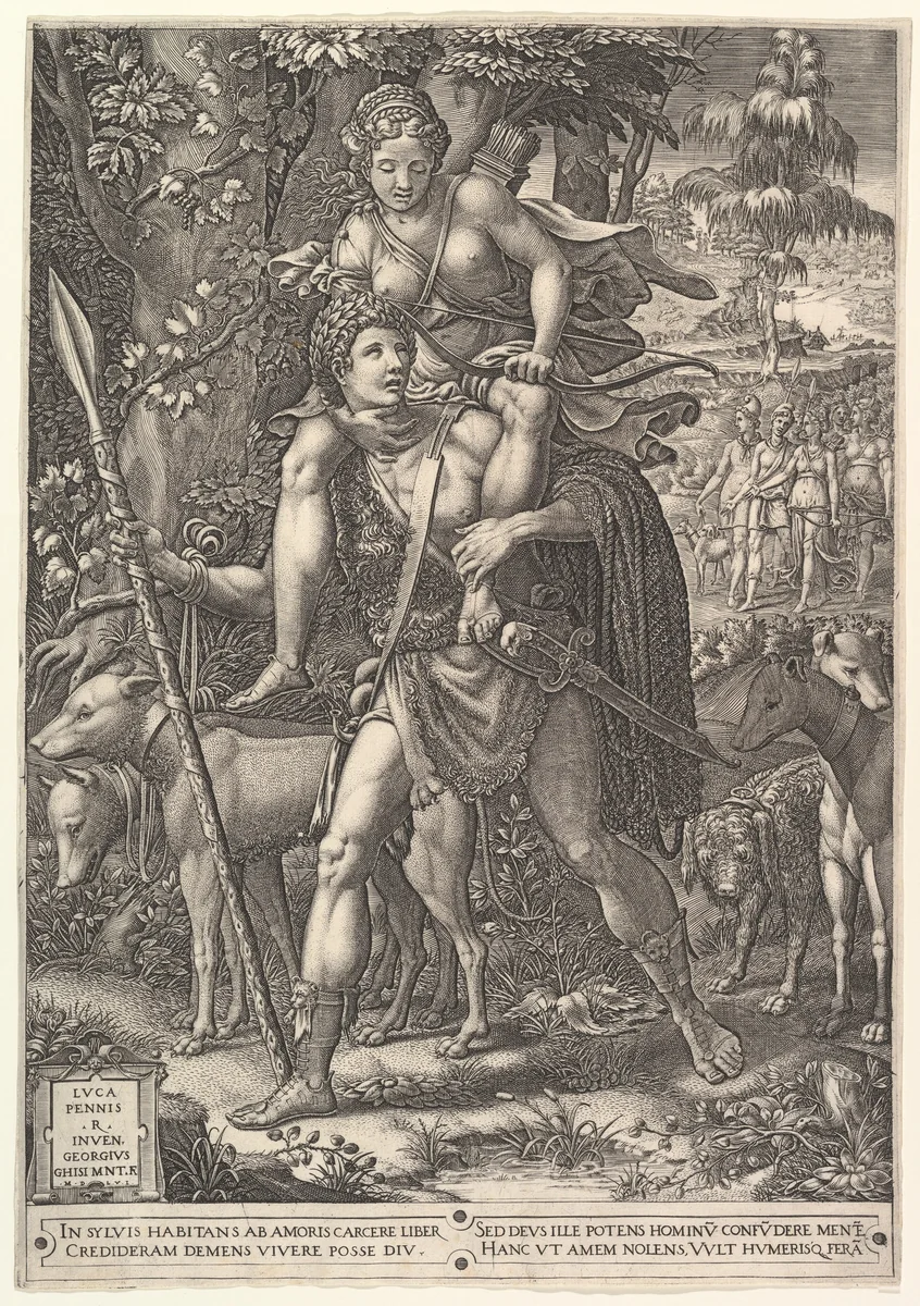 Allegory of the Hunt; a hunter holding a large spear carrying a woman (Diana?) on his shoulders; five hunting dogs in the foreground and a retinue of male and female hunters in the background by Giorgio Ghisi, print, 1556