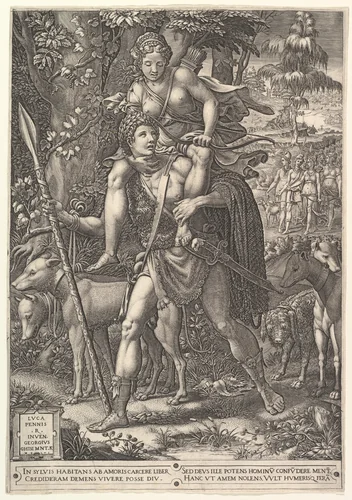 Allegory of the Hunt; a hunter holding a large spear carrying a woman (Diana?) on his shoulders; five hunting dogs in the foreground and a retinue of male and female hunters in the background by Giorgio Ghisi, print, 1556