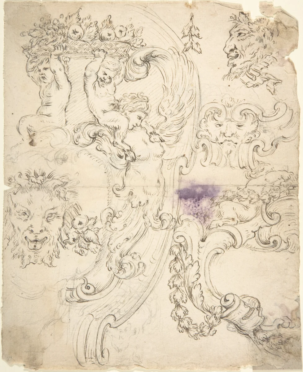 Various Sketches for Cartouches, with Satyr Heads, Putti, etc. by anonymous, drawing, 1700-1780