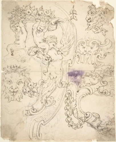 Various Sketches for Cartouches, with Satyr Heads, Putti, etc. by anonymous, drawing, 1700-1780