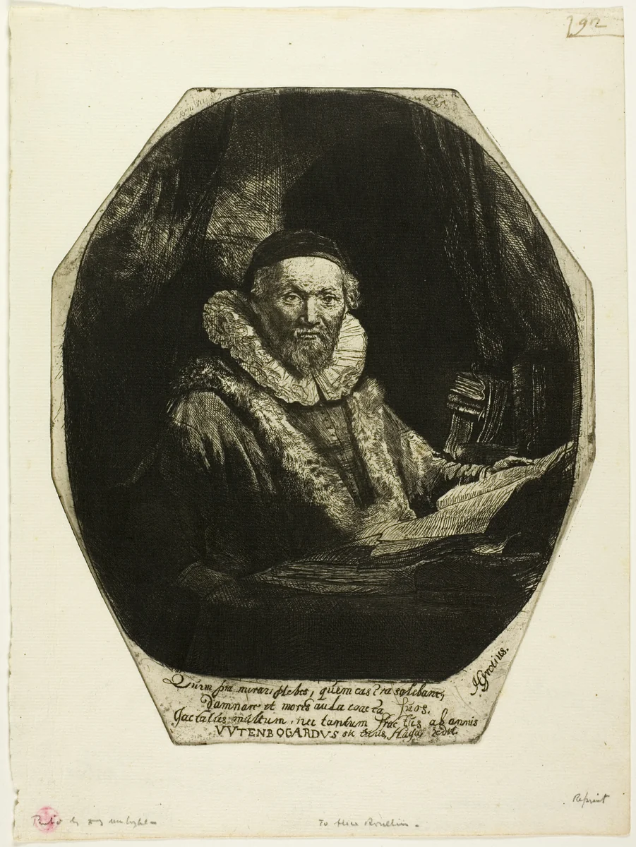 Jan Uytenbogaert by Rembrandt van Rijn, print, 1635