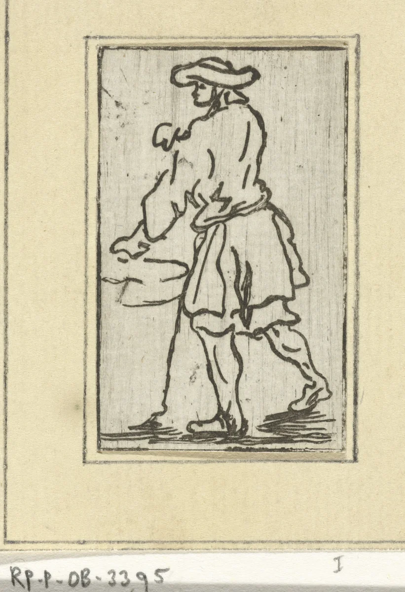 Staande man bij een vat by Jacob Hoolaart, print, 1728-1879