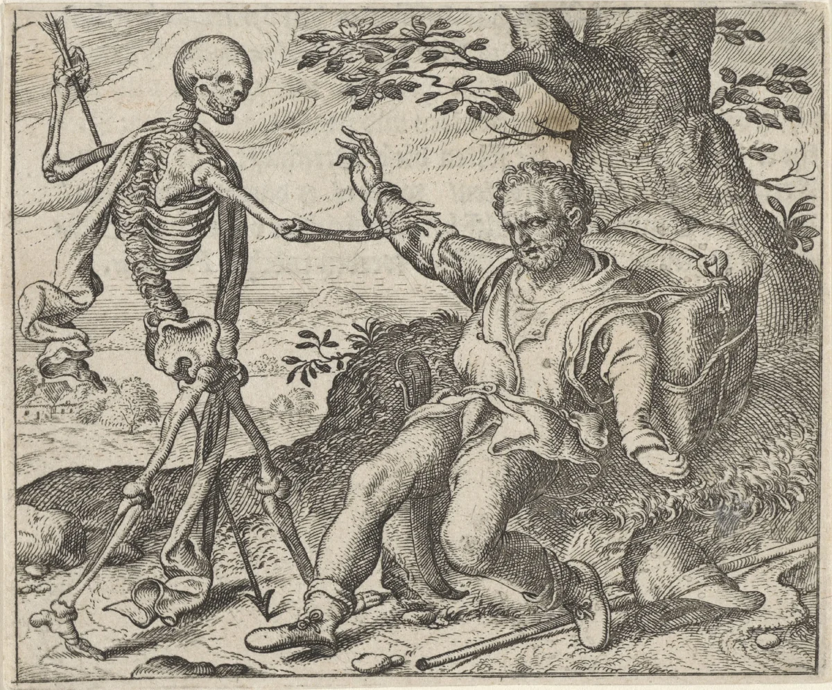 Fabel van de oude man en de dood by Aegidius Sadeler, print, 1608