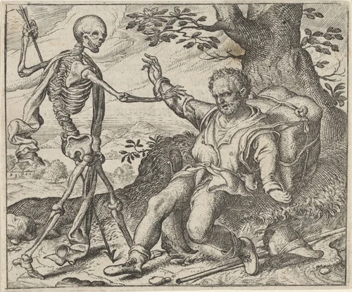 Fabel van de oude man en de dood by Aegidius Sadeler, print, 1608