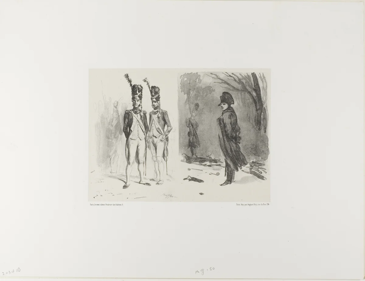 Sheet with Sketch (Grenadier of the Guard, Napoleon in a Bivouac) by Denis Auguste Marie Raffet, print, 1842