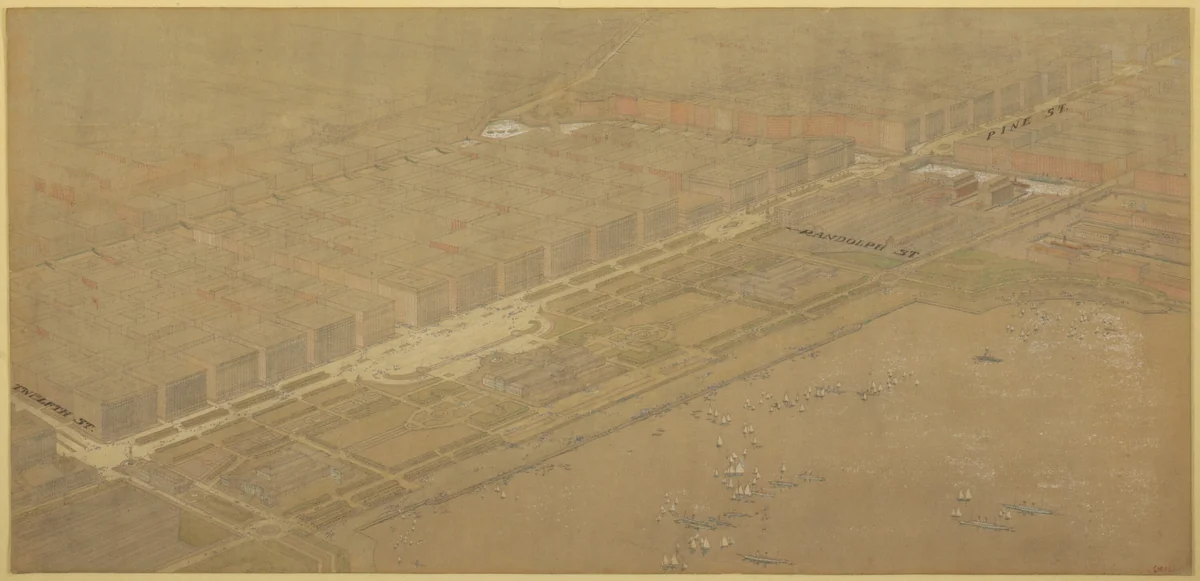 Plate 114 from The Plan of Chicago, 1909: Chicago. Proposed Boulevard and Parkway on Michigan Avenue and Pine Street by Daniel Hudson Burnham
Edward Herbert Bennett
Chris U. Bagge, drawing, 1909