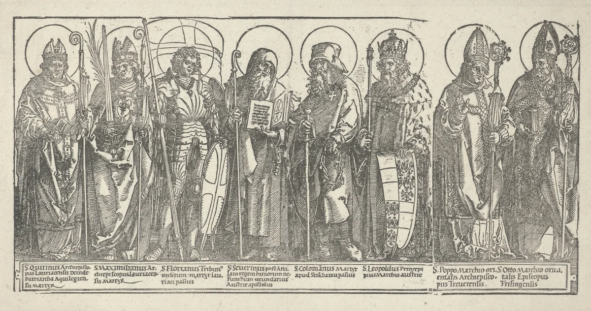 De beschermheiligen van Oostenrijk by Albrecht Dürer, print, 1515-1517
