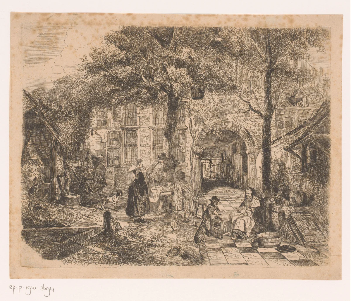 Binnenplaats van een Vlaamse herberg by Edouard Hamman, print, 1842