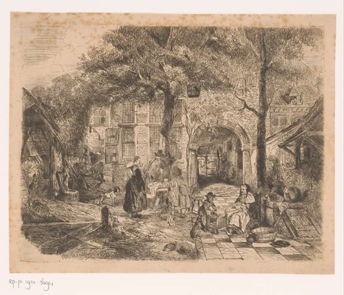 Binnenplaats van een Vlaamse herberg by Edouard Hamman, print, 1842