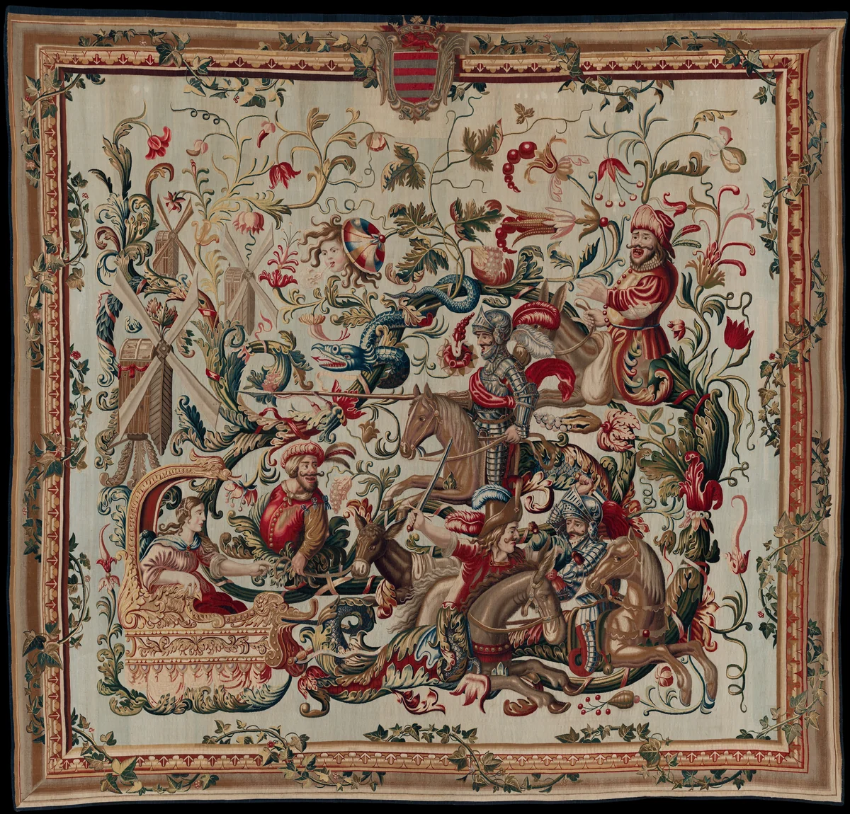 Don Quixote Tilting at Windmills, from “Don Quixote in Grotesques” by Unknown Designer, textile, 1669-1679