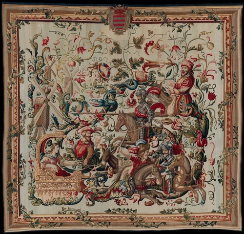 Don Quixote Tilting at Windmills, from “Don Quixote in Grotesques” by Unknown Designer, textile, 1669-1679