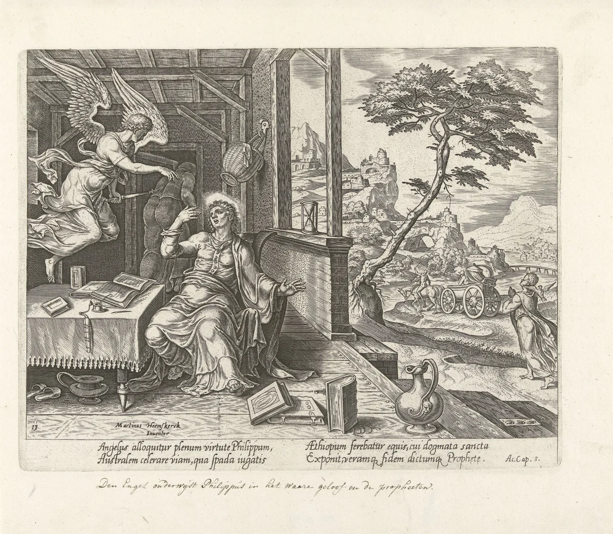 Fillippus wordt door een engel naar een eunuch gestuurd by Philips Galle, print, 1582