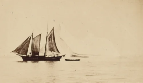 "Sealing vessel passing an iceberg off the coast of Labrador" by George P. Critcherson, John L. Dunmore, William Bradford, photograph, 1869