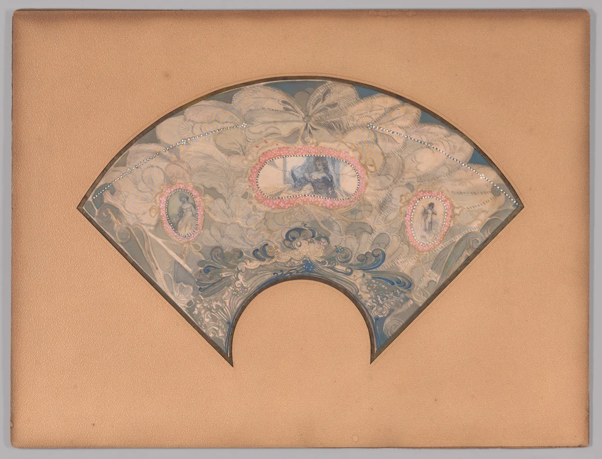 Painted fan with a design of feathers and three medallions by Charles Edward Conder, drawing, 1893-1909