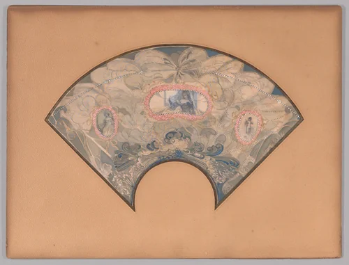 Painted fan with a design of feathers and three medallions by Charles Edward Conder, drawing, 1893-1909
